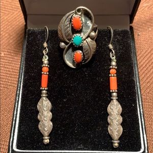 Juan Alberta Navajo Turquoise/Red Coral Silver set